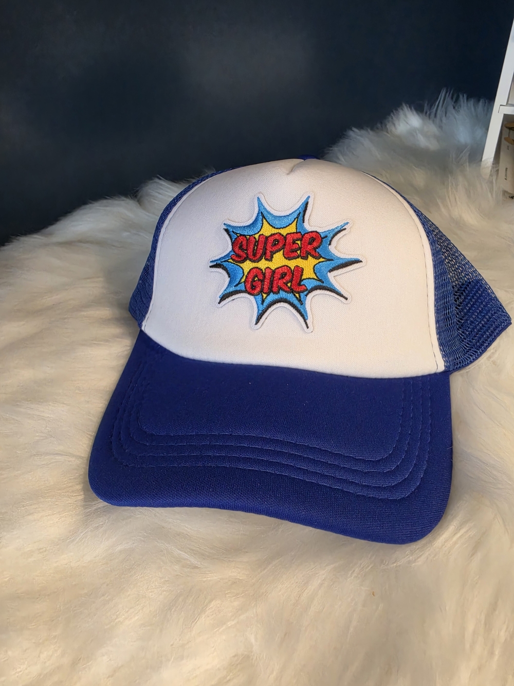Woman's Handmade Fashion Superhero Super Girl Blue & White Trucker Hat